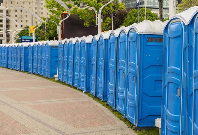 a line of portable restrooms set up for a wedding or special event, ensuring guests have access to comfortable and clean facilities throughout the duration of the celebration in Compton, CA